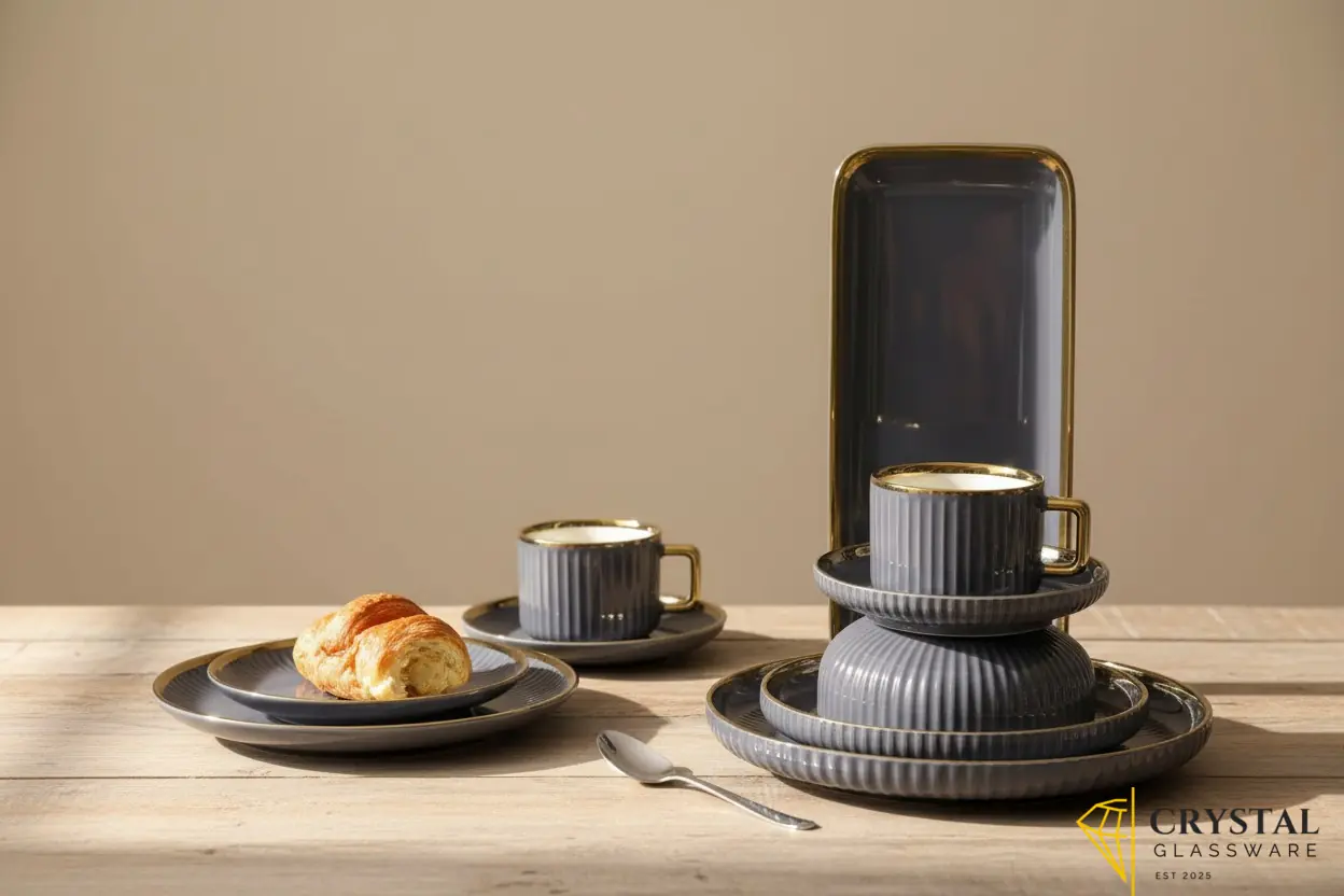 Multicolour 32-piece ceramic dinner set featuring a ribbed texture and gold trim